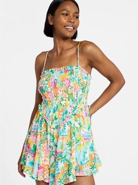 No Boundaries Tropical Floral Smocked Romper in White, Pink, Green, Yellow